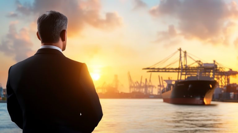 Businessman overseeing cargo ship operations at a busy port, glimpse into global trade and maritime logistics
